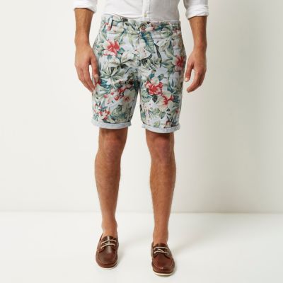Blue tropical print Oxford knee length shorts